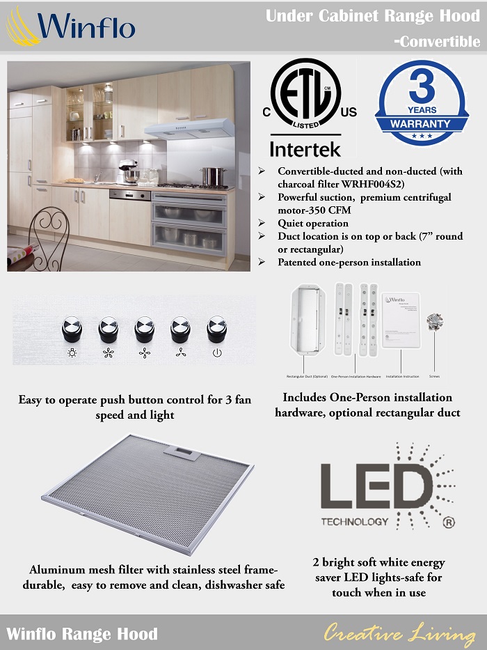 Winflo 30 in. 350 CFM Convertible Under Cabinet Range Hood in White